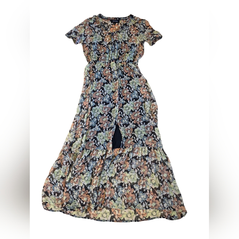 The Kooples Sheer Floral Print Center Slit Silk Maxi Dress Separate Lining Sz 2